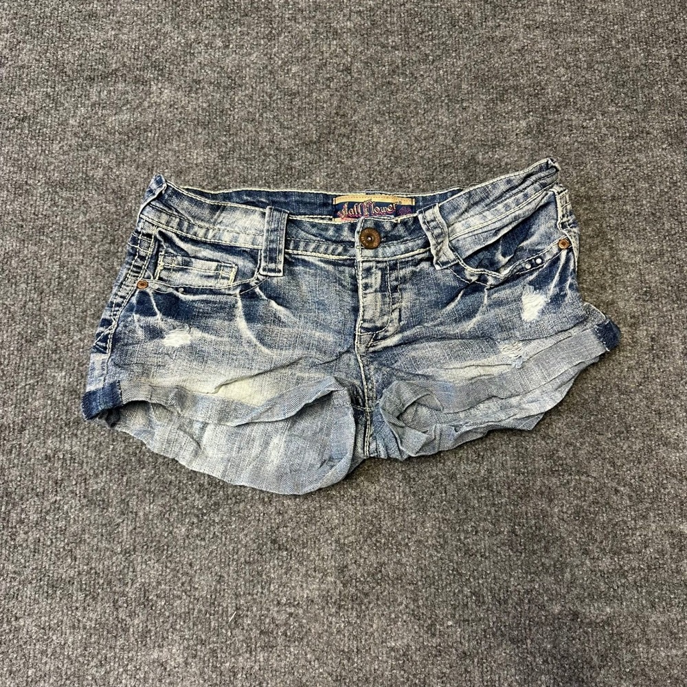 WallFlower Denim Shorts Womens Size 7 Blue Distressed Low Rise Cuffed Stretch